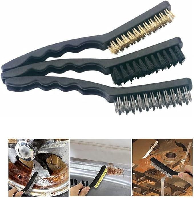 Heavy Duty Mini Wire Brush Set for Rust Removal Engine Cleaning Upholstery and Plastic Surfaces – Steel Brass Nylon Brushes with 9 Inch Handle(Steel)