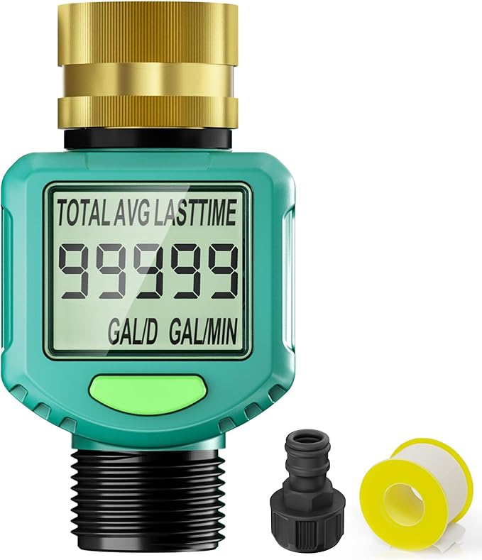 Water Flow Meter with 180° Flip Screen - ±5% Accuracy, Brass Inlet, Waterproof LCD Water Meter for Outdoor Garden Hose, RV & Irrigation, Lawn Sprinkler Watering, Measure Gallon/Liter