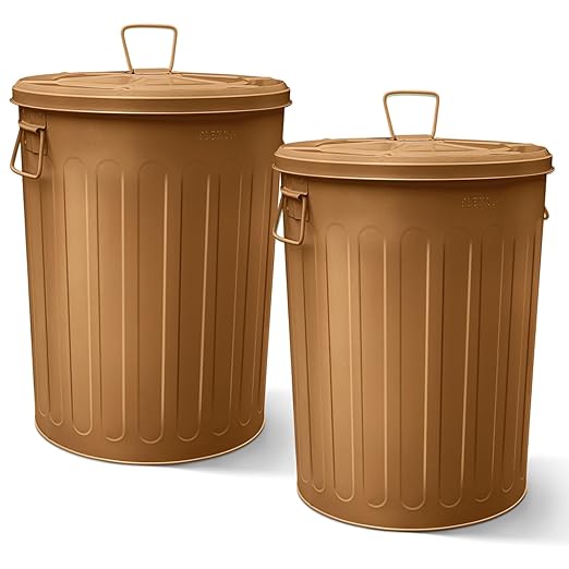 Plexon 20 Gallon Metal Trash Can with Lid Outdoor Large Trash Bin Steel Garbage Can for Garage Patio Farmhouse Bucket Bird Seed Storage Can Heavy Duty Round Container, Copper 2 Pack