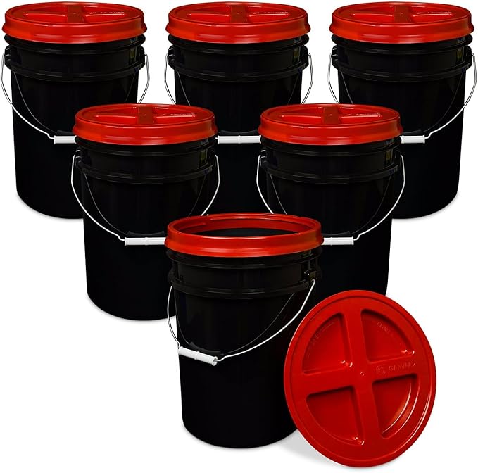 ePackageSupply 5 Gallon Bucket - Food Grade Bucket with Airtight Gamma Seal Screw-On Lid, BPA-Free, Heavy-Duty 90 Mil HDPE Plastic, Bulk Storage, Durable Container, Made in USA, Black/Red, 6 Packs