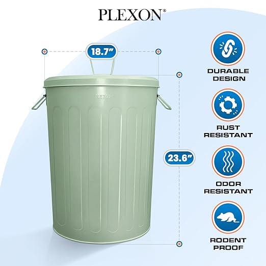 Plexon 20 Gallon Metal Trash Can with Lid Outdoor Large Trash Bin Steel Garbage Can for Garage Patio Farmhouse Bucket Bird Seed Storage Can Heavy Duty Round Container, Green 3 Pack