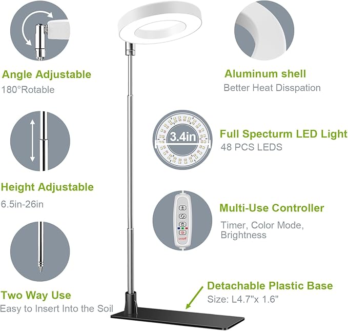 Kullsinss Grow Lights for Indoor Plants, Full Spectrum Halo Growing lamp with Detachable Base, Height Adjustable, 3 Colors, 10 Dimming, Automatic Timer, Plant Light for Small Plants Growing, 2-Pack
