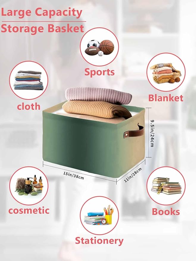 Green Yellow Ombre Storage Bins Cubes Waterproof Cloth Storage Basket, Farmhouse Modern Gradient Art Foldable Storage Bags for Shelf Closet Clothes Storages Organizers with Handles 15x11x9.5 in 1PCS