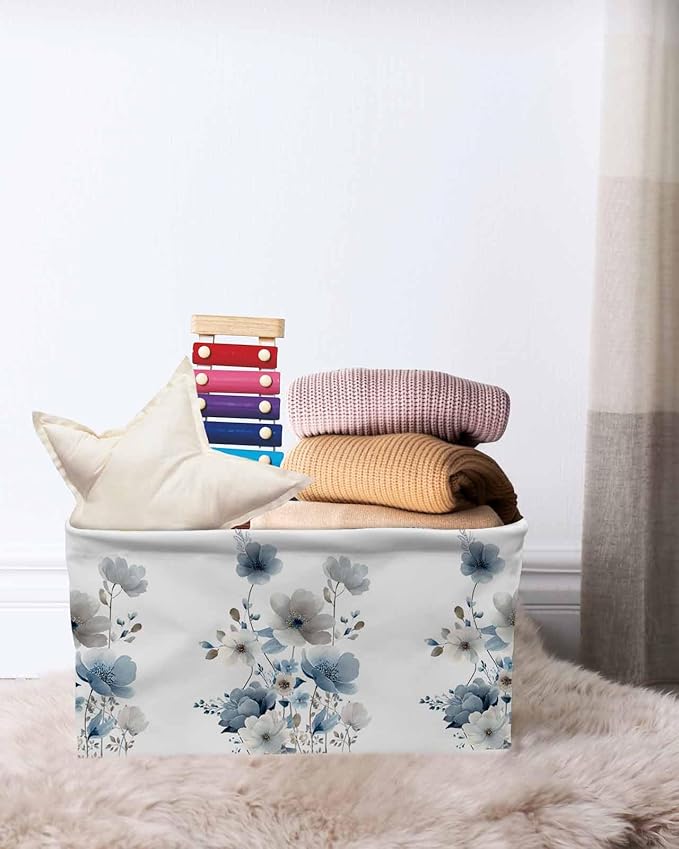 Blue Grey Floral Storage Bins Cubes Waterproof Cloth Storage Basket, Watercolor Flowers Farmhouse Foldable Storage Bags for Shelf Closet Clothes Organizers with Handles 15x11x9.5 in 2PCS