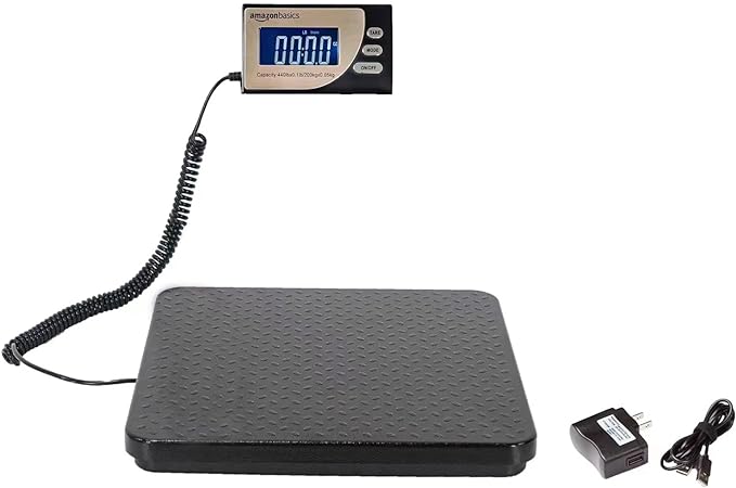 Amazon Basics Digital Postal Scale with Tare Function, Heavy Duty, Aluminium Platform, 440 lb Capacity, Digital Shipping, Portable, Black