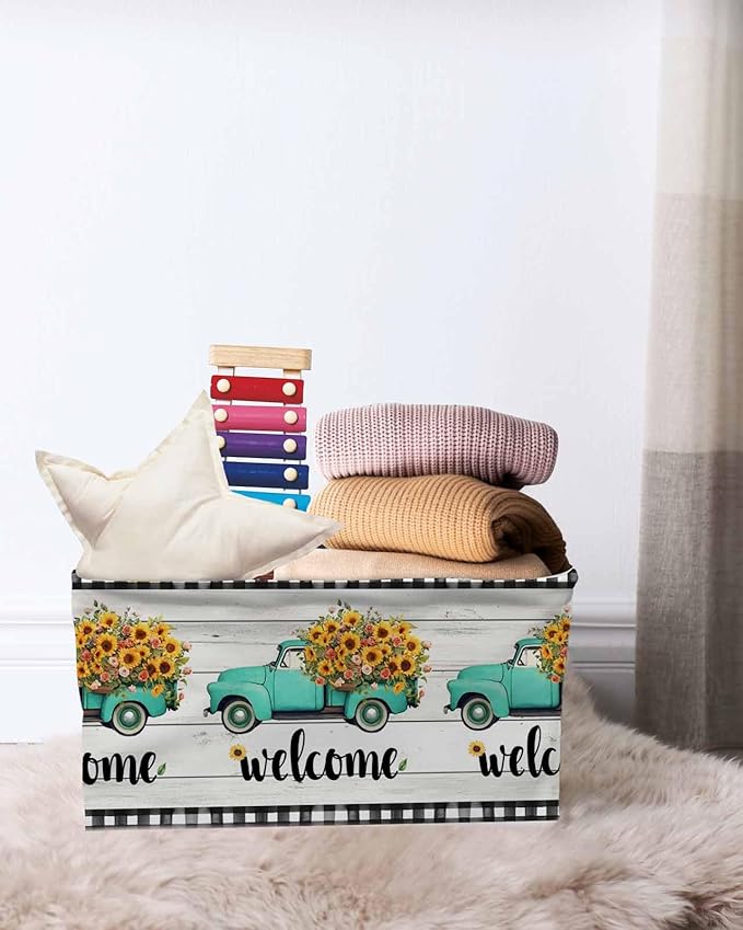 Country Sunflowers Storage Bins Cubes Waterproof Cloth Storage Basket, Welcome Rustic Truck Floral Farm Wooden Foldable Storage Bags for Shelf Closet Clothes Organizers with Handles 15x11x9.5 in 1PCS