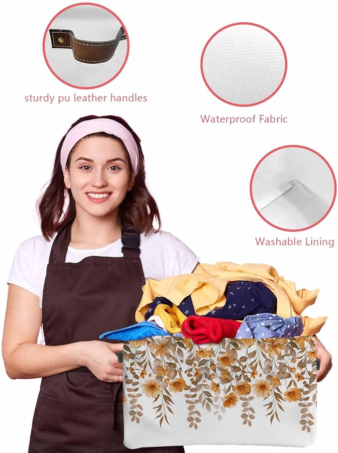 Brown Floral Storage Bins Cubes Waterproof Cloth Storage Basket, Farmhouse Spring Flowers Leaves Foldable Storage Bags for Shelf Closet Clothes Storages Organizers with Handles 15x11x9.5 in 2PCS