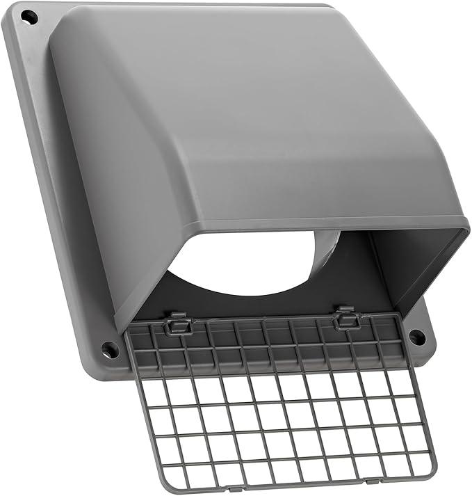 Lambro 6" Plastic Wall Exhaust or Air Intake Vent with Hinged Screen, Removable Damper, and 1.25" Collar (Gray)
