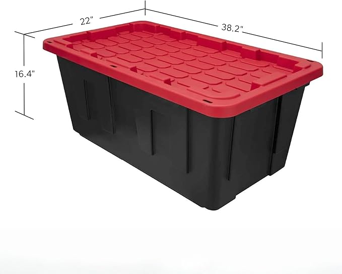 (2-Pack) 40 Gallon Extra Large Storage Bin with Snap Lid, Heavy Duty Black and Red Plastic Container