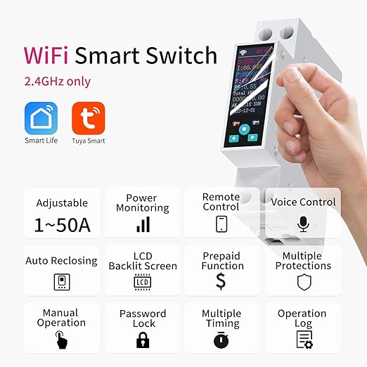 TONGOU Smart Wifi Switch, 1P+N AC90-240V 1-50A, Smart Life/Tuya APP Remote Control, with Power Monitoring, Export/Clear Power Data, DIN Rail Mounted, with LCD Display, Recloser Function, FCC Certified