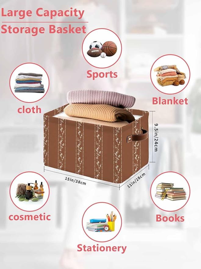 Brown Flowers Branch Storage Bins Cubes Waterproof Cloth Storage Basket, Spring Summer Farmhouse Botanical Foldable Storage Bags for Shelf Closet Clothes Organizers with Handles 15x11x9.5 in 2PCS