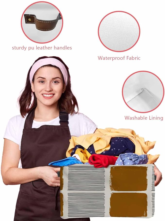 Brown Storage Bins Cubes Waterproof Cloth Storage Basket,Modern Painting Farmhouse Striped Abstract Art Foldable Storage Bags for Shelf Clothes Storages Organizers with Handles 15x11x9.5 in 1PCS