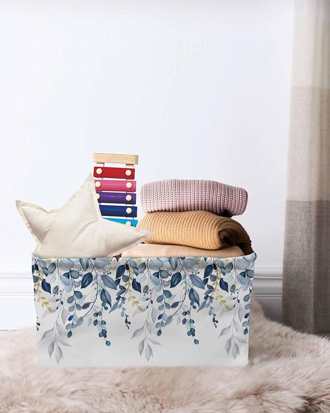 Navy Blue Eucalyptus Storage Bins Cubes Waterproof Cloth Storage Basket,Watercolor Spring Weeping Botanical Foldable Storage Bags for Shelf Clothes Storages Organizers with Handles 15x11x9.5 in 2PCS
