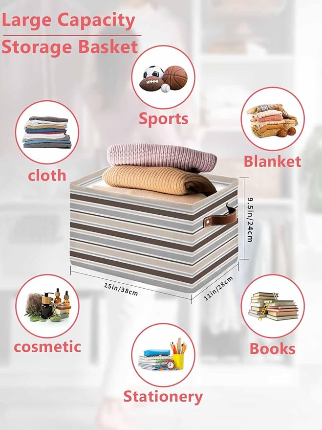 Khaki Grey Striped Storage Bins Cubes Waterproof Cloth Storage Basket,Farmhouse Stripes Modern Abstract Art Foldable Storage Bags for Shelf Clothes Storages Organizers with Handles 15x11x9.5 in 1PCS
