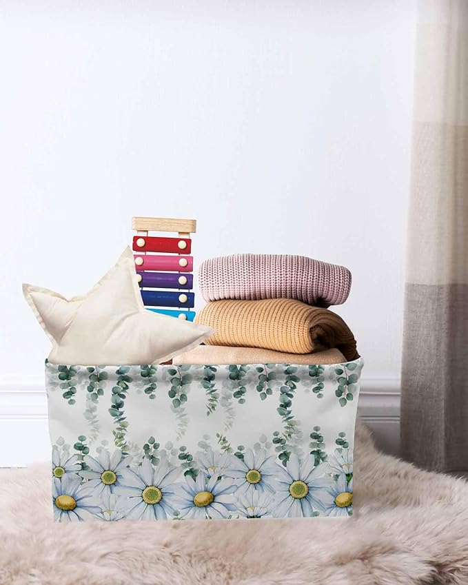 Daisy Eucalyptus Storage Bins Cubes Waterproof Cloth Storage Basket, Farmhouse Weeping Botanical Foldable Storage Bags for Shelf Closet Clothes Storages Organizers with Handles 15x11x9.5 in 1PCS