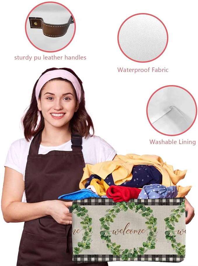 Spring Eucalyptus Leaves Storage Bins Cubes Waterproof Cloth Storage Basket,Farmhouse Botanical Burlap Paid Foldable Storage Bags for Shelf Clothes Storages Organizers with Handles 15x11x9.5 in 1PCS