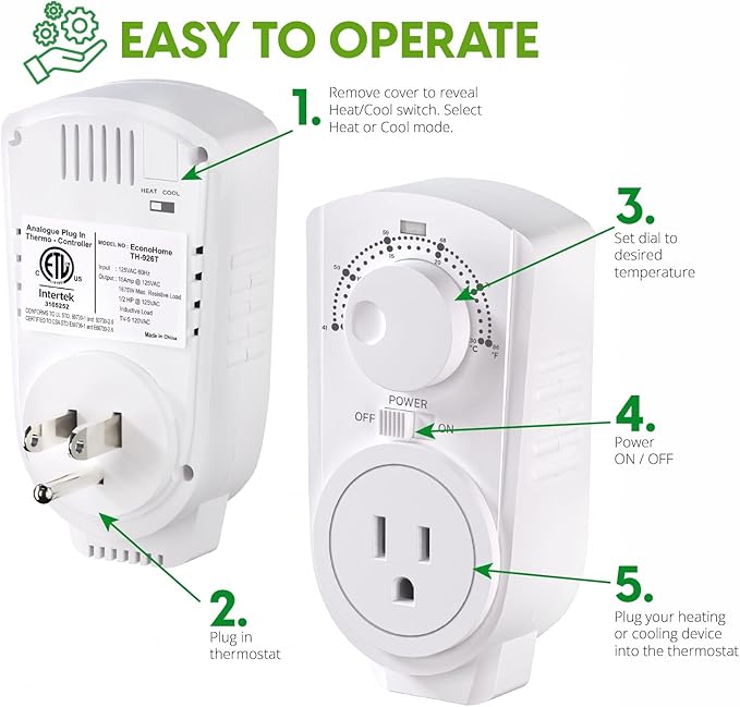 EconoHome Adjustable Thermostat - Universal Plugin Heating & Cooling Thermostat - Compatible with Most EconoHome Wall Mount Space Heaters