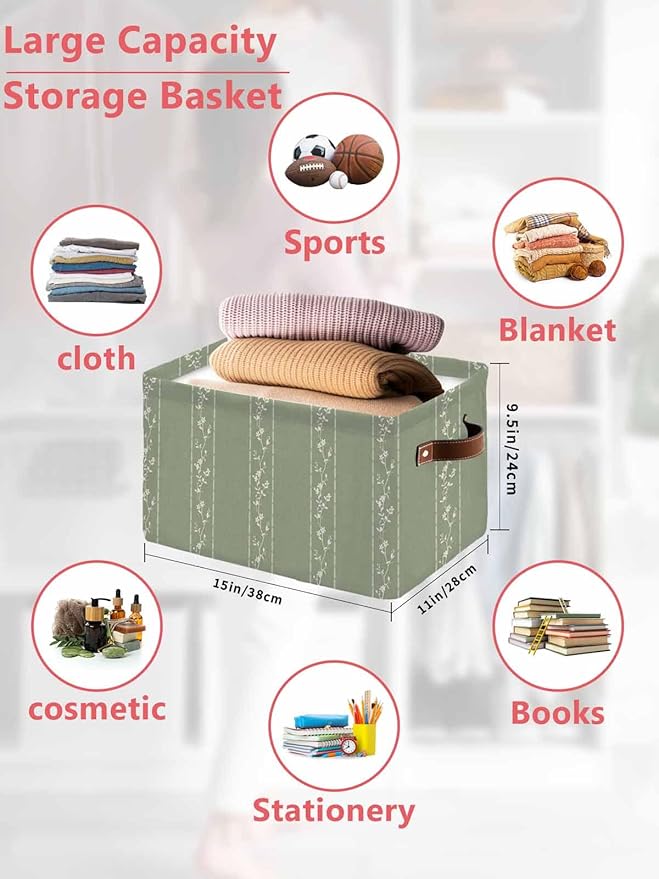 Green Flower Branch Storage Bins Cubes Waterproof Cloth Storage Basket, Spring Summer Farmhouse Botanical Foldable Storage Bags for Shelf Closet Clothes Organizers with Handles 15x11x9.5 in 1PCS