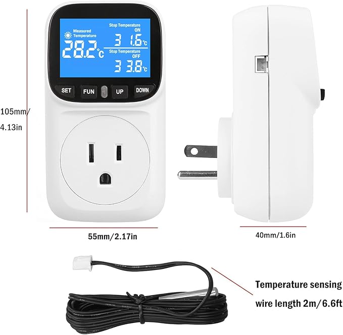 Digital Temperature Controller, Heavy Duty 15A/1800W Thermostat Outlet Plug, VA Display Heating Cooling Control Timer, -40℉~210℉, Cyclic Timing/Countdown, for Greenhouse Incubator Homebrew