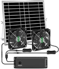 Solar Powered Fan with Battery, Rechargeable Solar Fan for Chicken Coop, Greenhouse, Shed, Outside with Two IPX7 Waterproof Exhaust Intake Fans 16.5Ft On/Off Switch Cable