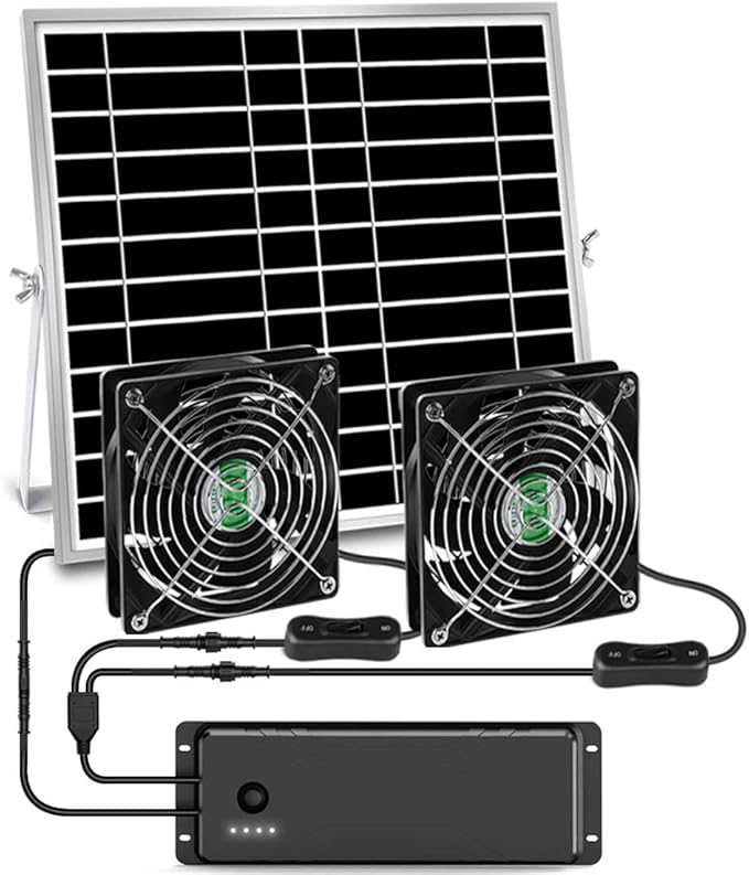 Solar Powered Fan with Battery, Rechargeable Solar Fan for Chicken Coop, Greenhouse, Shed, Outside with Two IPX7 Waterproof Exhaust Intake Fans 16.5Ft On/Off Switch Cable