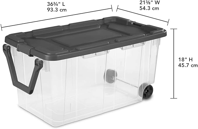 160 Quart Wheeled Stacker, Durable Clear Bin, Latch Lid and Pull Handle, Dark Gray