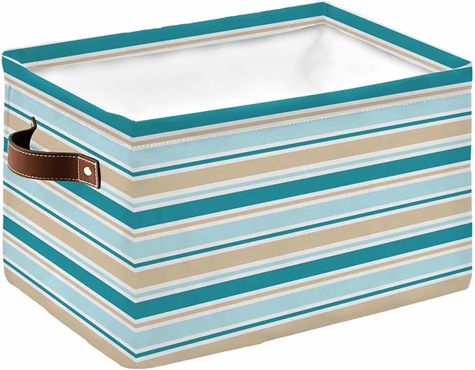 Teal Khaki Striped Storage Bins Cubes Waterproof Cloth Storage Basket,Farmhouse Stripes Modern Abstract Art Foldable Storage Bags for Shelf Clothes Storages Organizers with Handles 15x11x9.5 in 1PCS