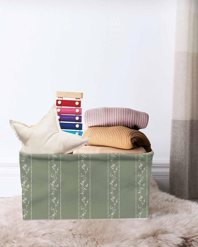 Green Flower Branch Storage Bins Cubes Waterproof Cloth Storage Basket, Spring Summer Farmhouse Botanical Foldable Storage Bags for Shelf Closet Clothes Organizers with Handles 15x11x9.5 in 1PCS