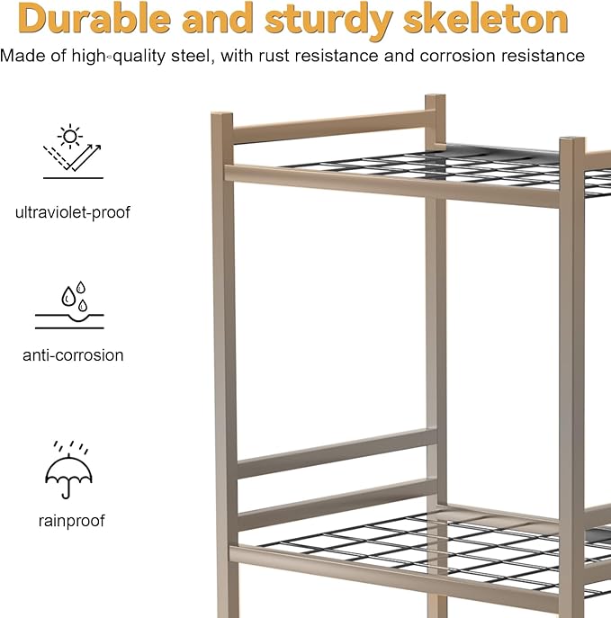 Garden Tool Organizer Stand, 35 Slots Storage Rack with lockable Wheels and Hooks, Iron Construction, 4 Shelves Fit for Long-Handled Tools/Rakes/Brooms