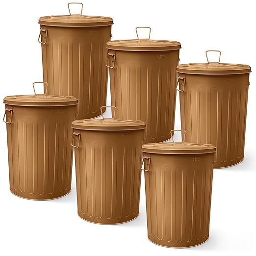 Plexon 20 Gallon Metal Trash Can with Lid Outdoor Large Trash Bin Steel Garbage Can for Garage Patio Farmhouse Bucket Bird Seed Storage Can Heavy Duty Round Container, Copper 6 Pack