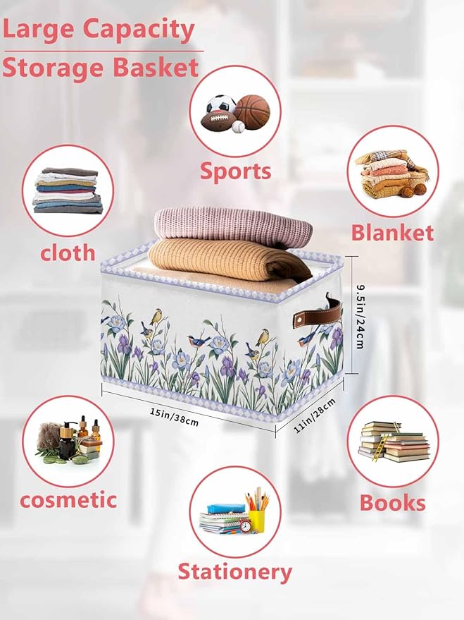 Spring Flowers Storage Bins Cubes Waterproof Cloth Storage Basket,Vintage Blue Floral Leaves Birds Rustic Plants Foldable Storage Bags for Shelf Storages Organizers with Handles 15x11x9.5 in 2PCS