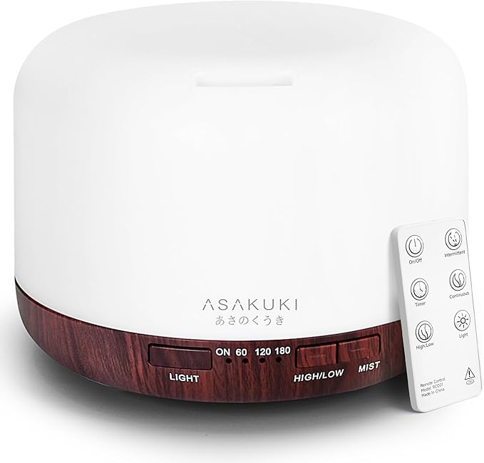 ASAKUKI Essential Oil Diffuser for Home, 500ML Aromatherapy Diffuser Humidifier with Remote Control, 7 Color LED Lights, Quiet Cool Mist Diffuser for Bedroom, Office, Gift for Mom (Reddish-Brown)
