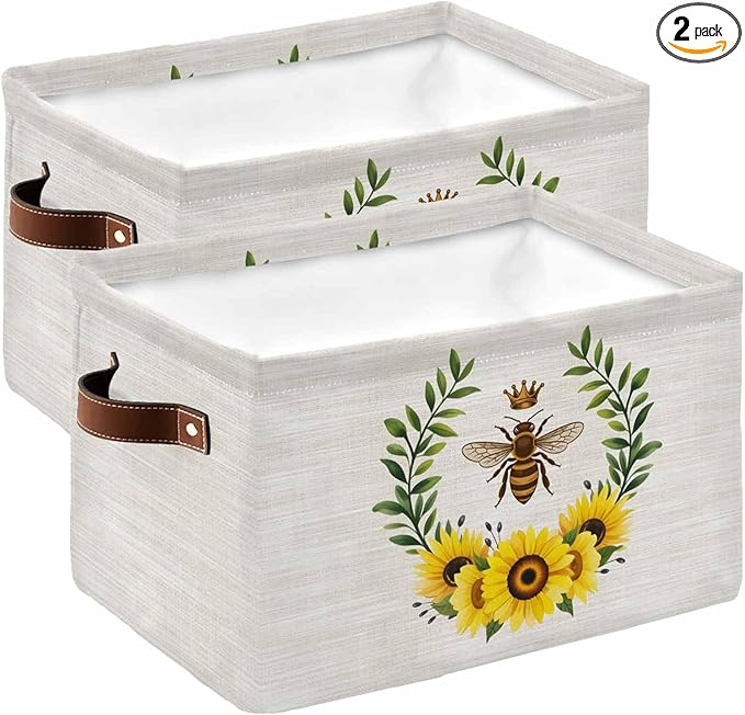 Sunflowers Bees Storage Bins Cubes Waterproof Cloth Storage Basket,Spring Farmhouse Honey Flowers Leaves Foldable Storage Bags for Shelf Clothes Storages Organizers with Handles 15x11x9.5 in 2PCS