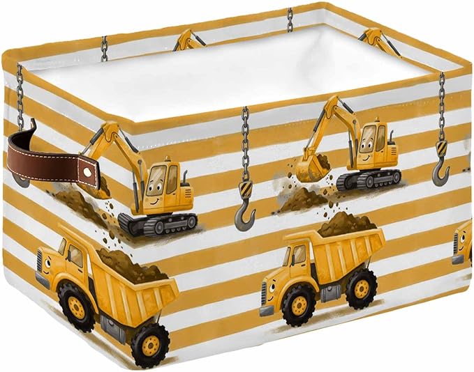 Yellow Truck Storage Bins Cubes Waterproof Cloth Storage Basket, Cartoon Striped Farmhouse Modern Art Foldable Storage Bags for Shelf Closet Clothes Organizers with Handles 15x11x9.5 in 1PCS