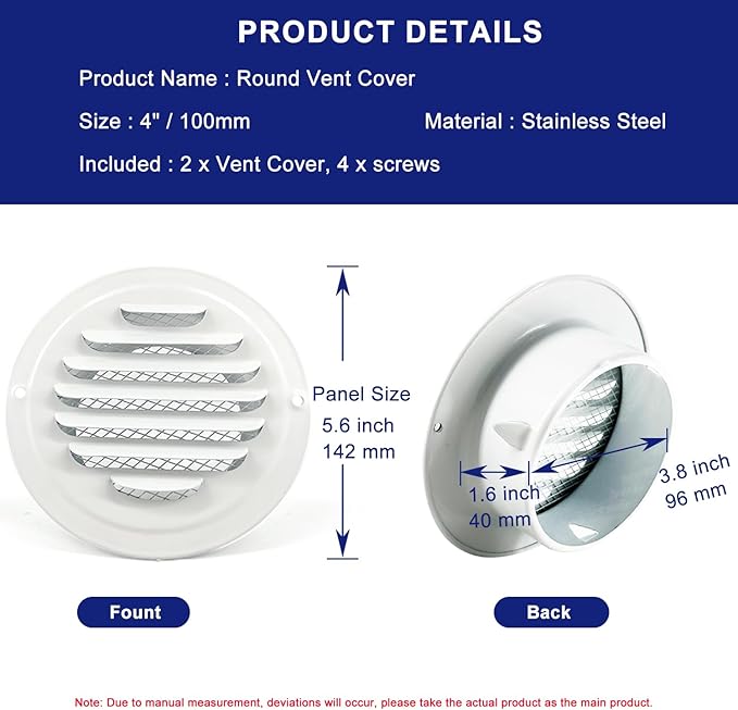 4 Inch Round Air Vent Cover,LouanXpert White Stainless Steel Soffit Vent Cover Louvered Grille Exterior Wall Vent Cover with Built-in Fine Mesh for House, Office,Garage, RV(100mm - 2PCS)