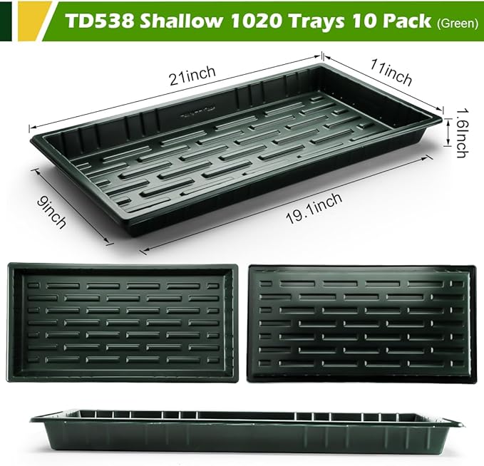 RooTrimmer 10 Pack Heavy Duty 1020 Trays No Holes - 1.6 Inch Deep Shallow Nursery Flats, Reusable Seed Starter Trays for 72/128 Cell Inserts, Microgreens, Seedling and Hydroponics (Dark Green)