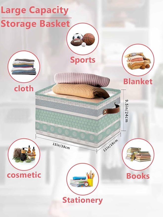 Farm Fruits Storage Bins Cubes Waterproof Cloth Storage Basket,Watermelon Lemons Peach Green Grey Striped Foldable Storage Bags for Shelf Clothes Storages Organizers with Handles 15x11x9.5 in 1PCS