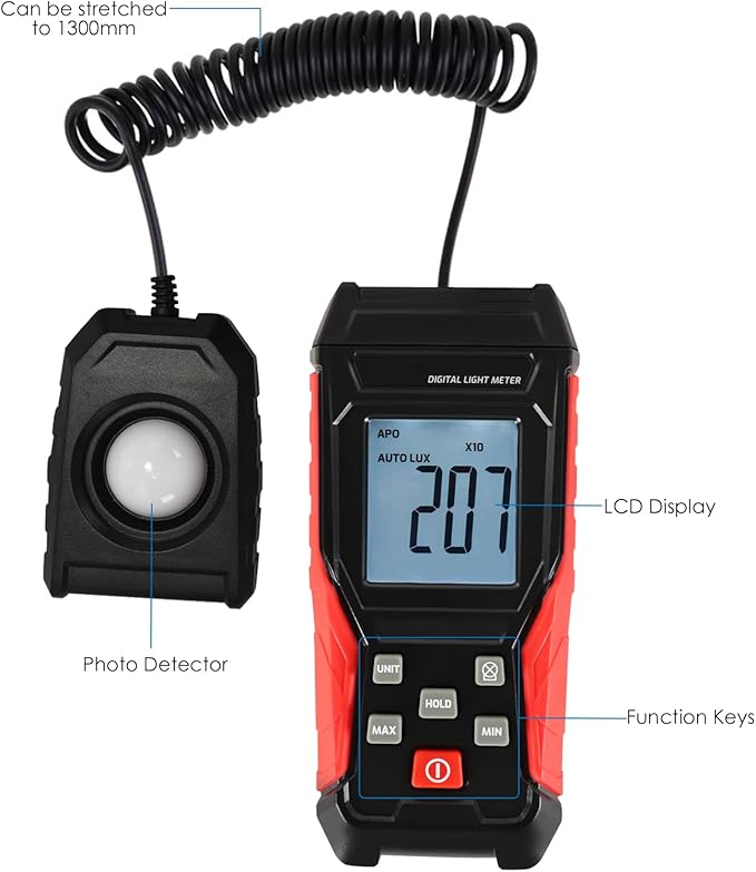 Digital Lux Meter Light Meter Illuminance Meter 200000LUX Wide Measurement Range Lux Meter with Auto Select, Max/Min Reading, LUX/FC Options Photometer Light Measurement Tool for indoor Outdoor Plants