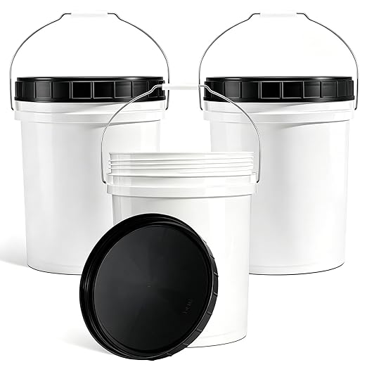DEMORA 5 Gallon Food Grade Plastic Bucket with Easy Open & Close Screw Lid, Heavy Duty Pail with Metal Handle, BPA-Free, for Food Storage, Water, Cleaning, Industrial Use（Black Lids，3 Pack）