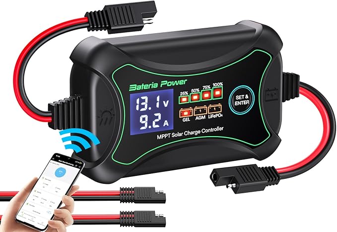 10A MPPT Wireless Solar Charge Controller with BT, Bateria Power 12 Volt Phone APP Intelligent Control Solar Regulator with LCD Display, LED Indicate Light for Gel AGM Lithium LiFePO4(Sunrock 10Pro)