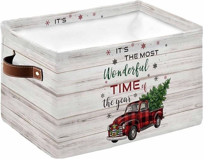 Merry Christmas Storage Bins Cubes Waterproof Cloth Storage Basket, Truck Xmas Tree Farmhouse Buffalo Plaid Foldable Storage Bags for Shelf Closet Clothes Organizers with Handles 15x11x9.5 in 1PCS
