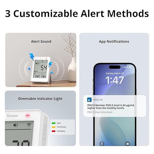 SONOFF SAWF-07P Smart Indoor Air Quality Monitor with PM2.5, PM10, Temperature & Humidity Sensor, Real-Time Display, Notification, Matter-Compatible, 2.4GHz WiFi, 3.73-inch Screen, for Bedroom, Nusery