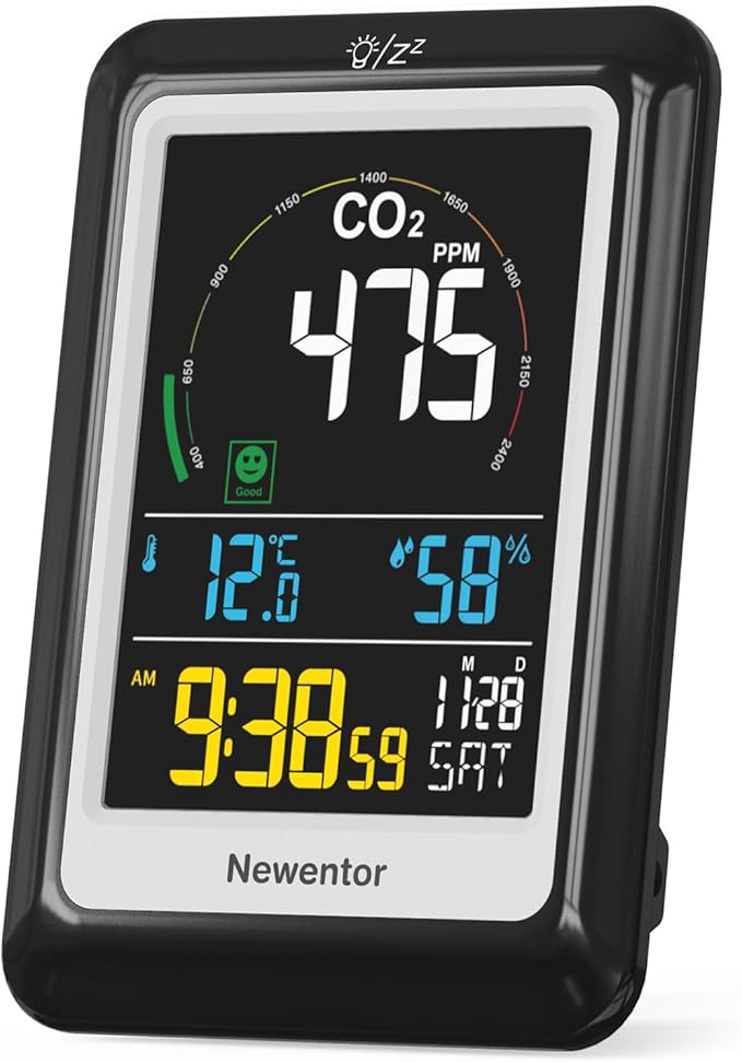 Newentor CO2 Monitor, Indoor Air Quality Meters, Carbon Dioxide Detector with Voice, Large Display CO2 Tester, Temperature Humidity Sensor, Alarm Clock for Home, RV, Grow Tents, Black