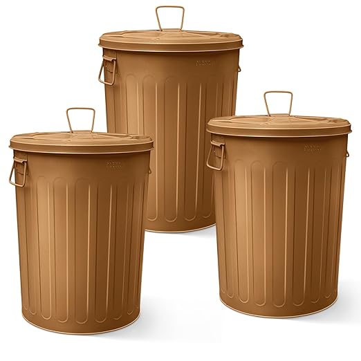 Plexon 20 Gallon Metal Trash Can with Lid Outdoor Large Trash Bin Steel Garbage Can for Garage Patio Farmhouse Bucket Bird Seed Storage Can Heavy Duty Round Container, Copper 3 Pack