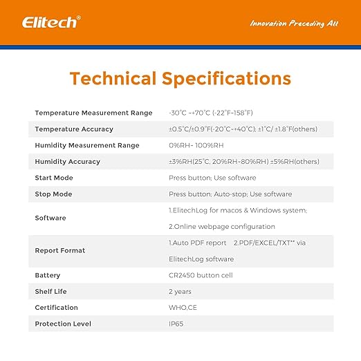 Elitech WHO PQS Certificated 5 Pack 120 Days Temperature Humidity Data Logger with Light Sensor Single-Use Cold Chain Monitor (CCM) Temperature Recorder with PDF Report 16000 Points LogEt1-TH