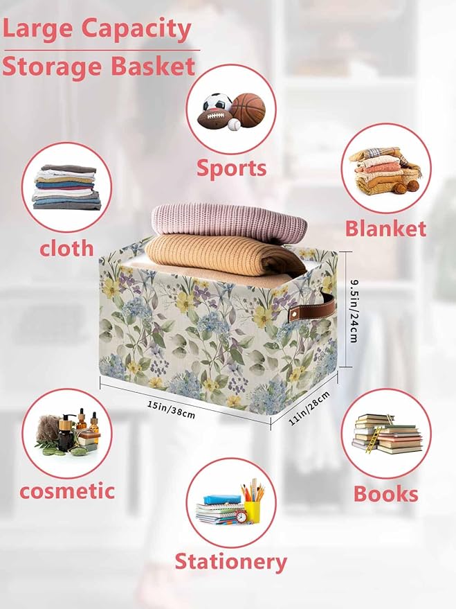 Vintage Spring Floral Storage Bins Cubes Waterproof Cloth Storage Basket, Farmhouse Flowers Rustic Foldable Storage Bags for Shelf Closet Clothes Storages Organizers with Handles 15x11x9.5 in 2PCS