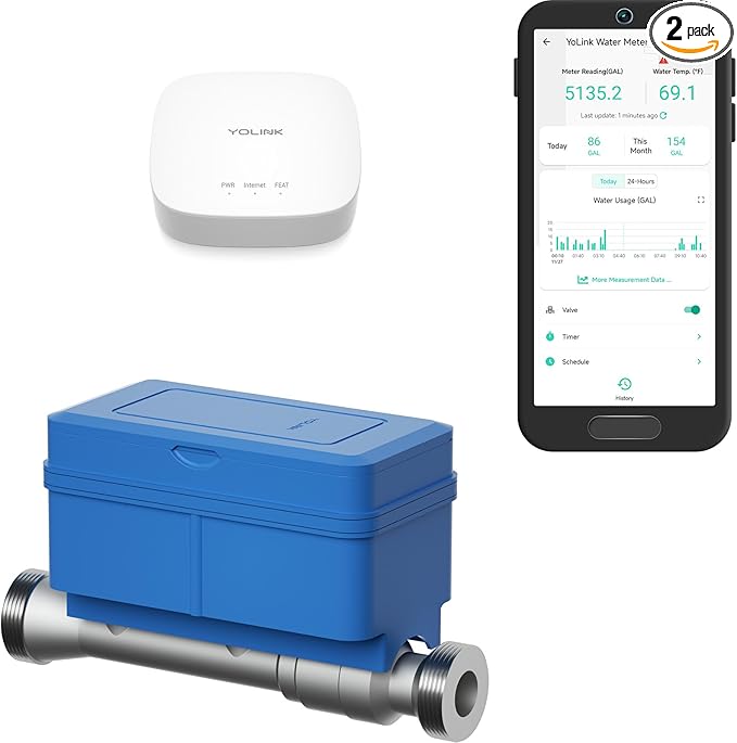 NSF Certified YoLink FlowSmart All-in-One Smart Water Meter & Auto Shutoff for ¾″ Pipes, LoRa Long-Range, Real-Time Leak Detection, 10-Year Battery, 80+ Device Ecosystem, Hub Included – YS5018