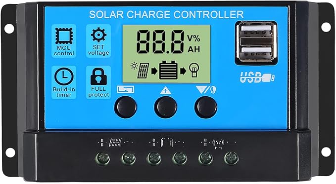 30A Solar Charge Controller 12V/ 24V Solar Panel Charge Controller Intelligent Regulator with 5V Dual USB Port Display Adjustable Parameter LCD Display and Timer Setting ON/Off Hours (1) (2pcs)