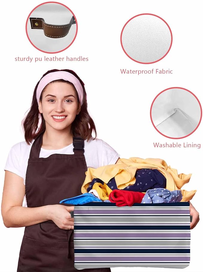 Purple Grey Striped Storage Bins Cubes Waterproof Cloth Storage Basket,Farmhouse Stripes Modern Abstract Art Foldable Storage Bags for Shelf Clothes Storages Organizers with Handles 15x11x9.5 in 1PCS