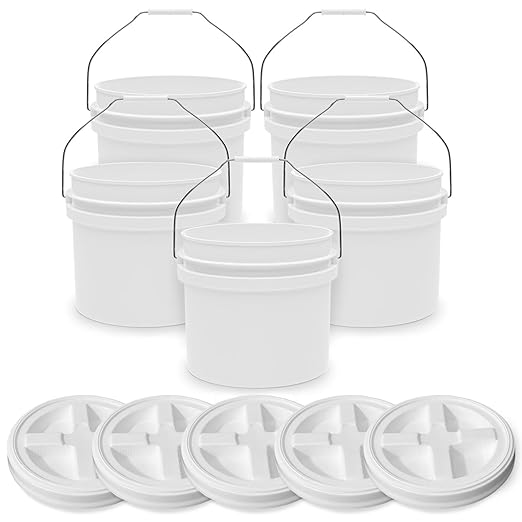 3.5-Gallon White Bucket Pail with Gamma Seal Screw on Airtight Lid, Heavy-Duty 90MIL Extra Durable, Food Grade, Metal Handles with Plastic Grip for Easy Carrying, Easy Stack & Store, BPA Free - 5 Pack